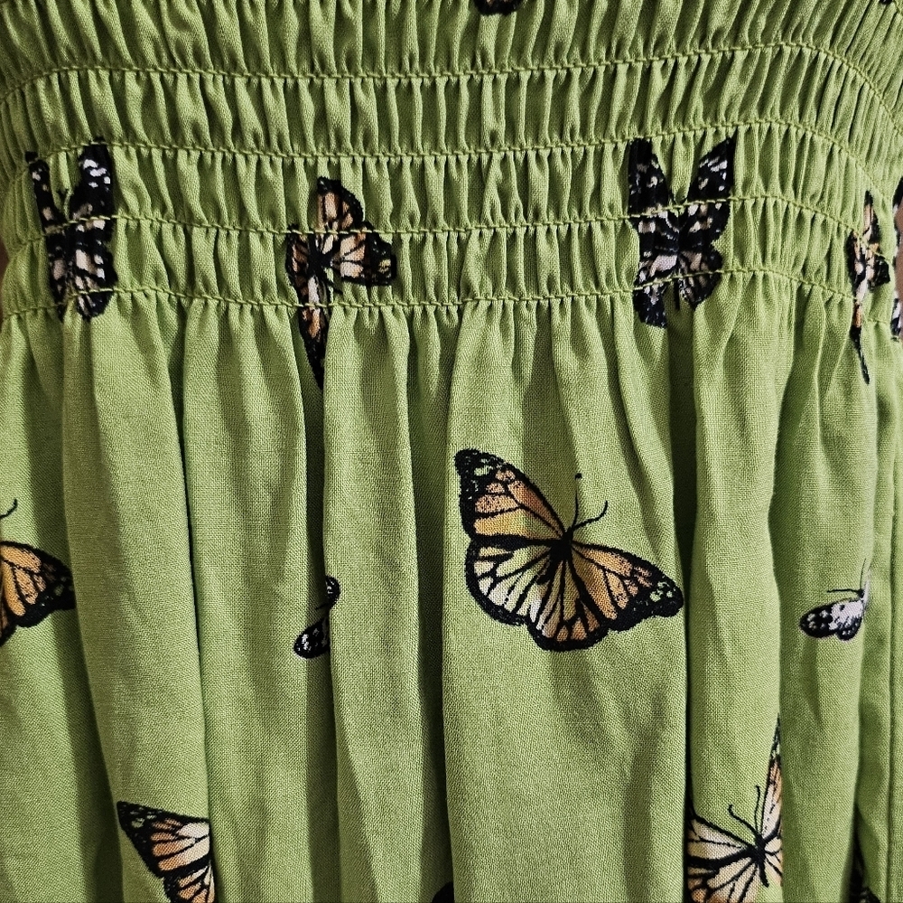 Y2K Stich & Pine Lime Green Smocked Flowy Cropped Tube Top With Butterflies - Picture 7 of 7